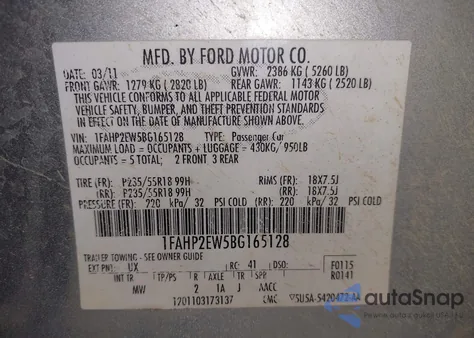 2011 Ford Taurus Sel из США, поврежденный, VIN 1FAHP2EW5BG165128